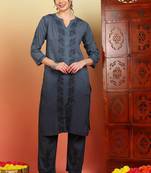 Women grey ethnic motifs embroidered chikankari ombre cotton kurta & palazzo set
