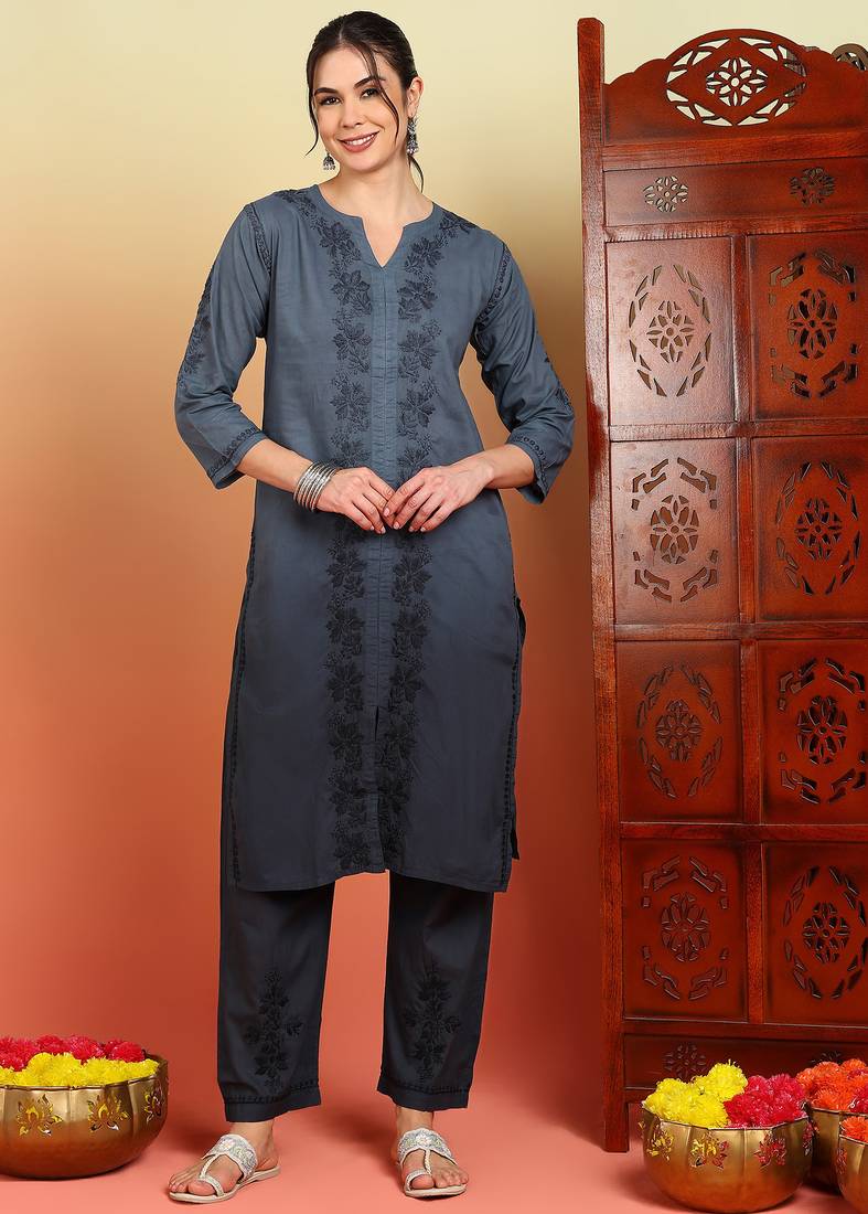 Women grey ethnic motifs embroidered chikankari ombre cotton kurta & palazzo set