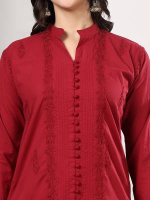 Women red floral embroidered lucknowi chikankari mandarin collar cotton kurta & palazzo sets 4