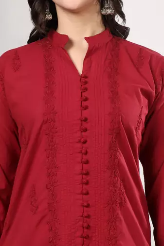 Women red floral embroidered lucknowi chikankari mandarin collar cotton kurta & palazzo sets