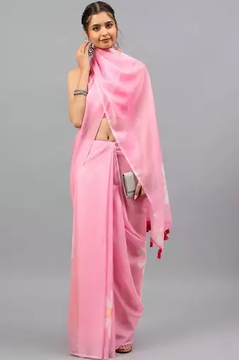 Pink chiffon printed saree with blouse