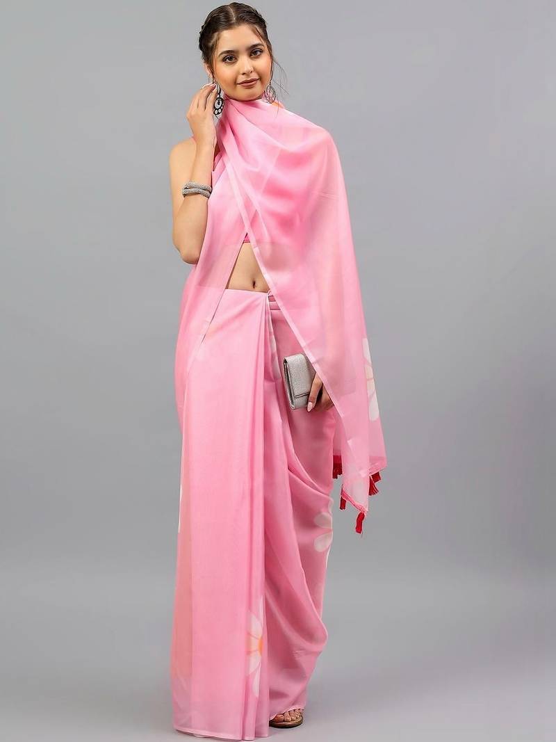 Pink chiffon printed saree with blouse
