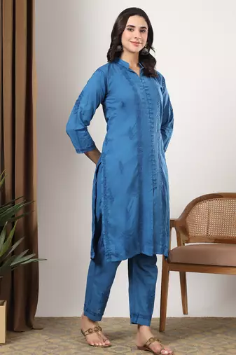 Women blue floral embroidered lucknowi chikankari mandarin collar cotton kurta & palazzo sets