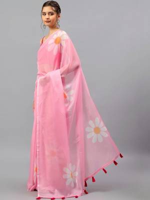 Pink chiffon printed saree with blouse 5