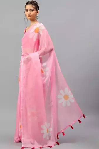 Pink chiffon printed saree with blouse