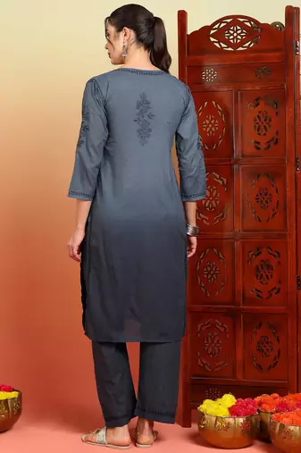 Women grey ethnic motifs embroidered chikankari ombre cotton kurta & palazzo set