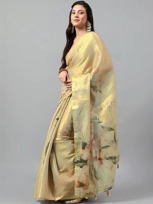Gold tussar printed saree with blouse 1