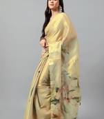 Gold tussar printed saree with blouse
