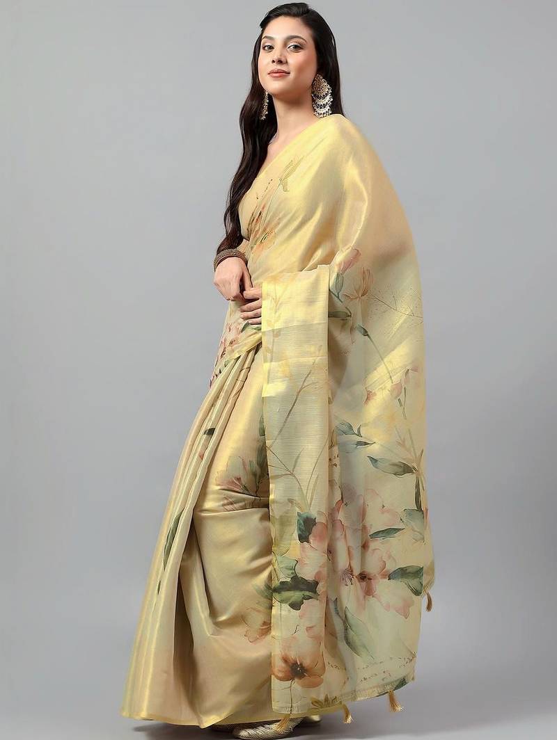 Gold tussar printed saree with blouse