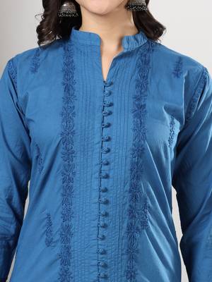 Women blue floral embroidered lucknowi chikankari mandarin collar cotton kurta & palazzo sets 4