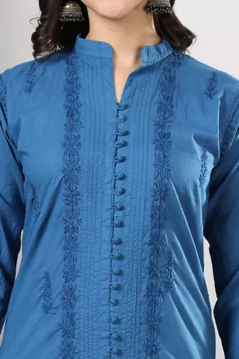 Women blue floral embroidered lucknowi chikankari mandarin collar cotton kurta & palazzo sets