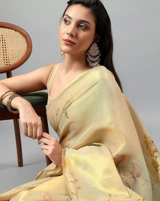 Gold tussar printed saree with blouse 2