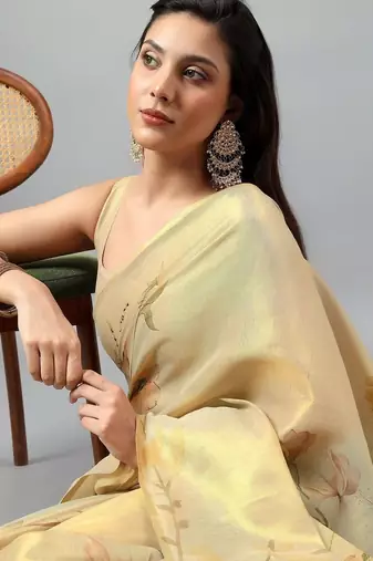 Gold tussar printed saree with blouse