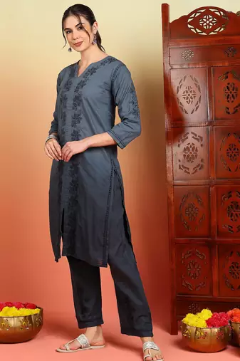 Women grey ethnic motifs embroidered chikankari ombre cotton kurta & palazzo set