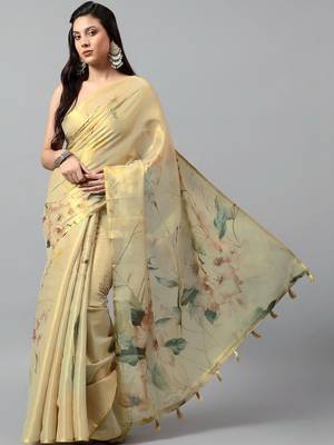 Gold tussar printed saree with blouse 3