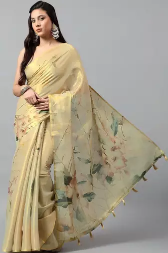 Gold tussar printed saree with blouse