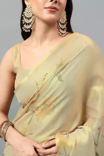 Gold tussar printed saree with blouse