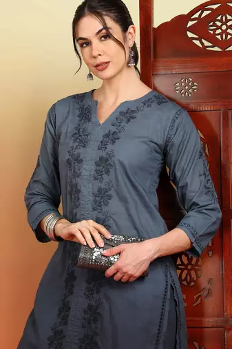 Women grey ethnic motifs embroidered chikankari ombre cotton kurta & palazzo set