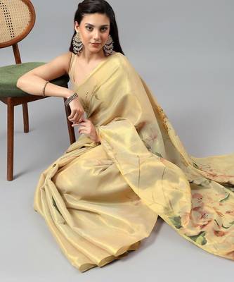 Gold tussar printed saree with blouse 5