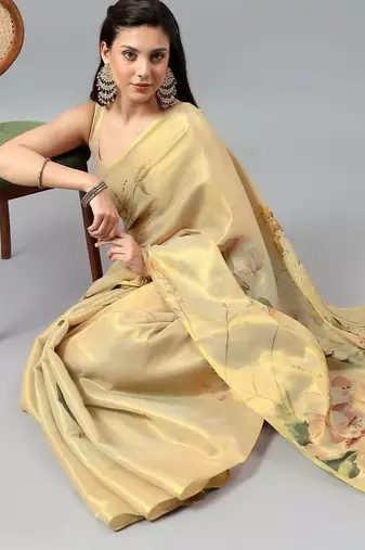 Gold tussar printed saree with blouse