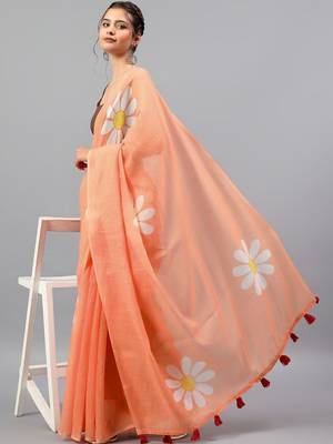 Peach linen printed saree with blouse 1