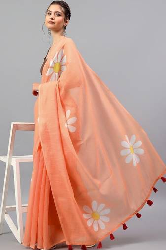 Peach linen printed saree with blouse