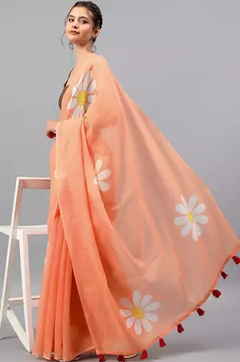 Peach linen printed saree with blouse