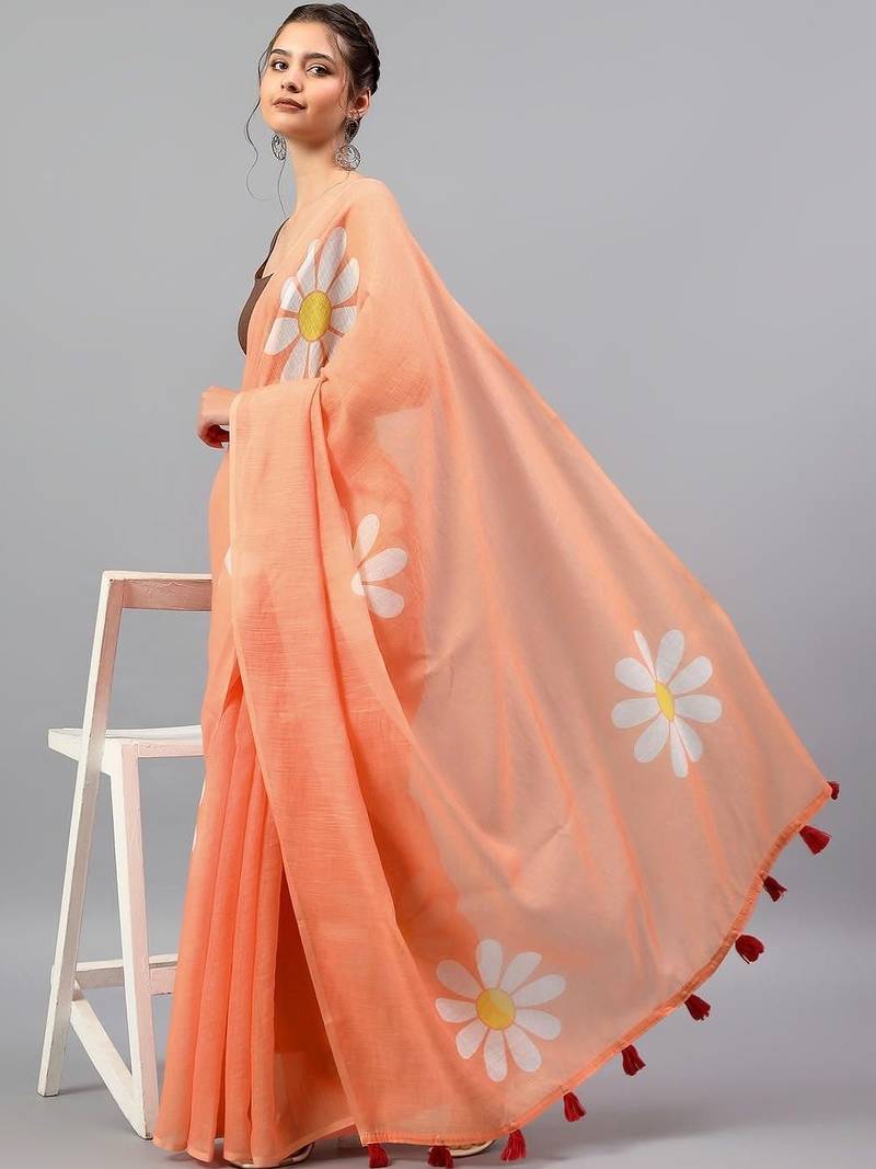 Peach linen printed saree with blouse
