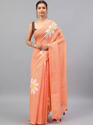 Peach linen printed saree with blouse 2
