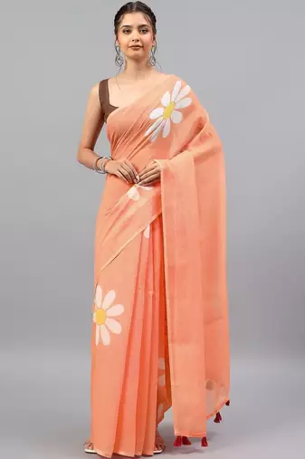 Peach linen printed saree with blouse