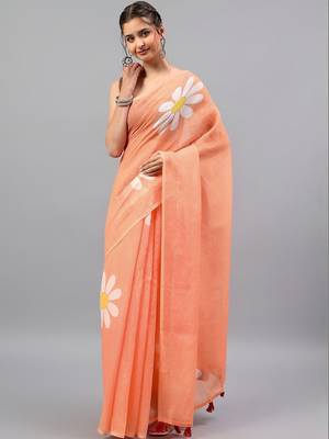 Peach linen printed saree with blouse 3