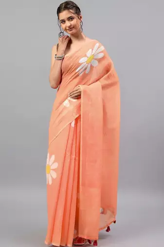 Peach linen printed saree with blouse