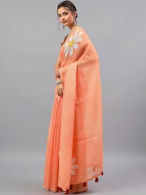 Peach linen printed saree with blouse 4