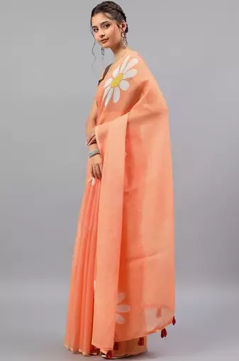 Peach linen printed saree with blouse