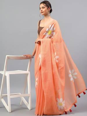 Peach linen printed saree with blouse 5