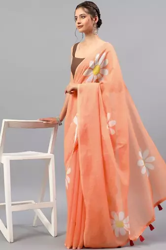 Peach linen printed saree with blouse