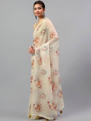 Off white chiffon printed saree with blouse 1