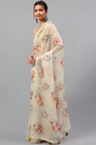 Off white chiffon printed saree with blouse
