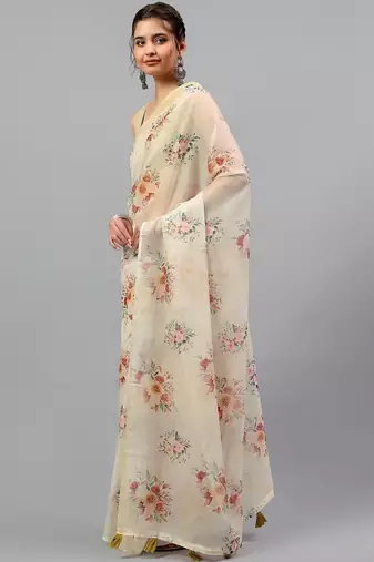 Off white chiffon printed saree with blouse
