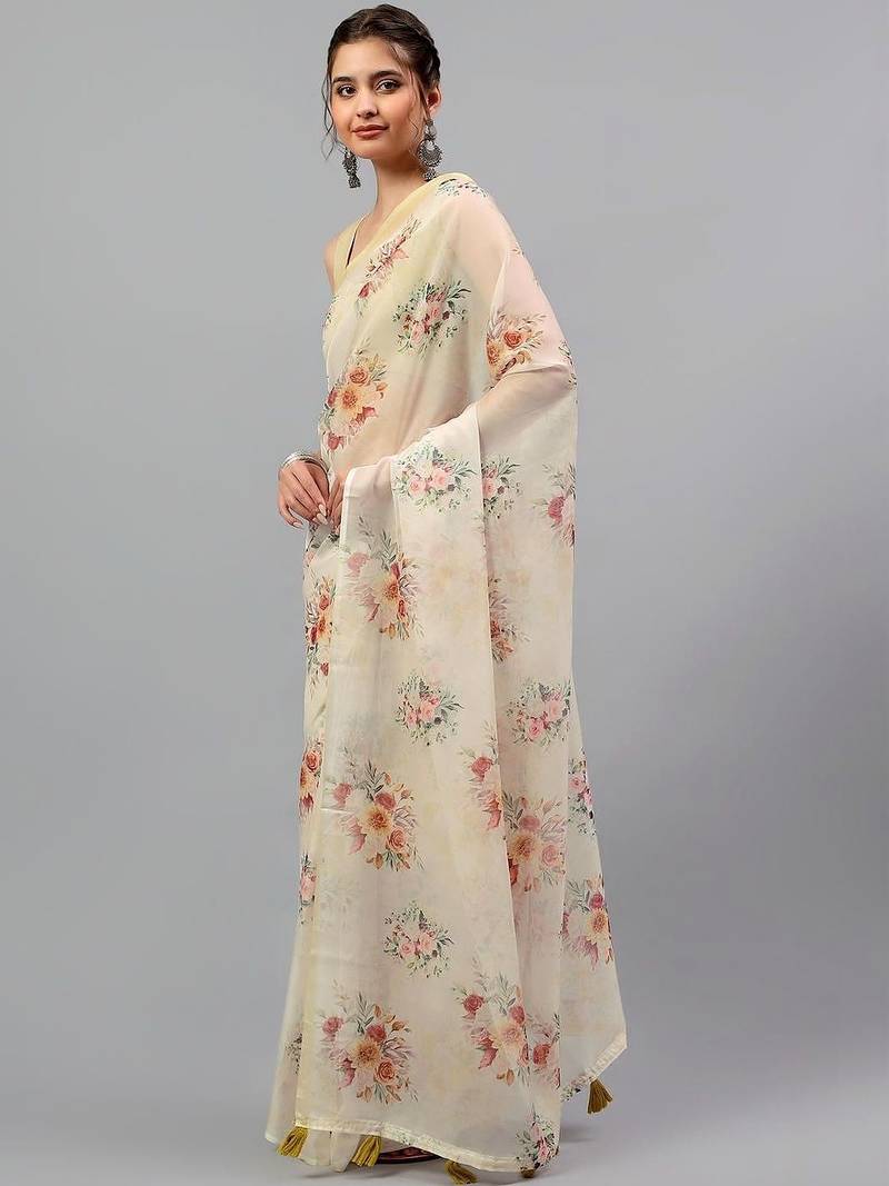 Off white chiffon printed saree with blouse