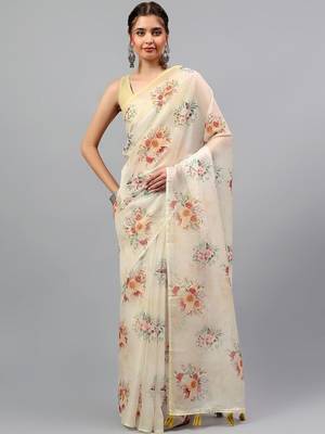 Off white chiffon printed saree with blouse 2