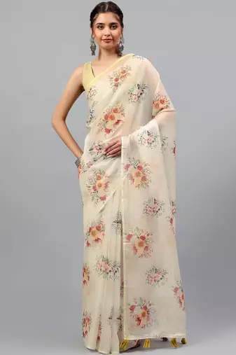 Off white chiffon printed saree with blouse