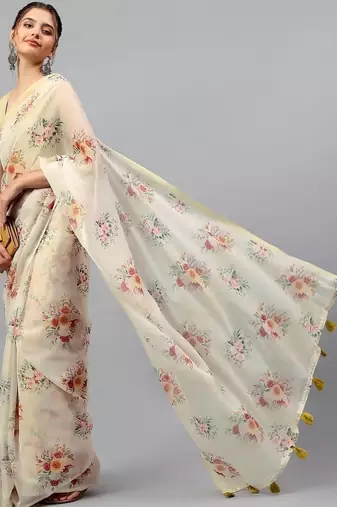 Off white chiffon printed saree with blouse