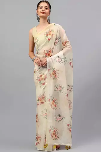 Off white chiffon printed saree with blouse