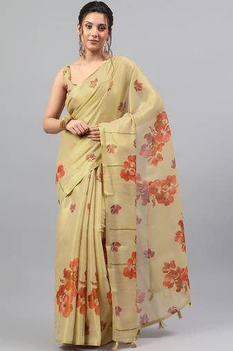 Gold tussar printed saree with blouse