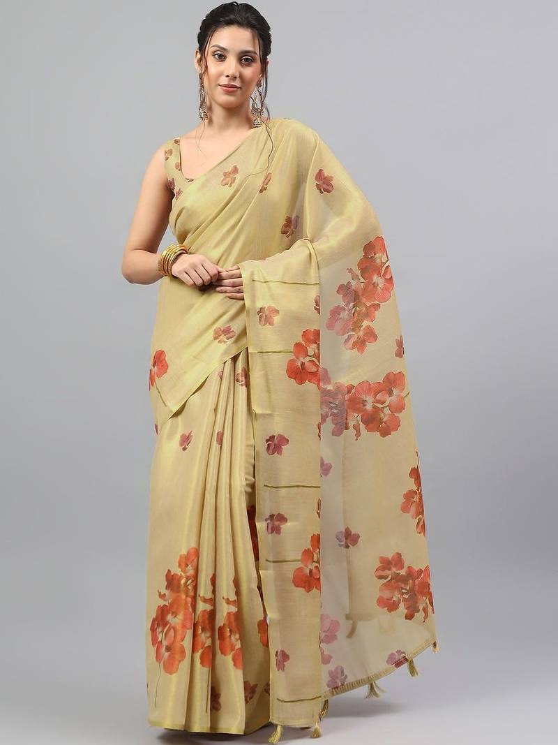 Gold tussar printed saree with blouse