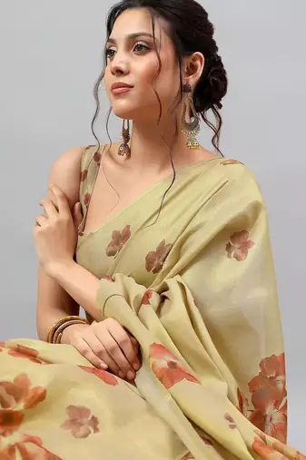 Gold tussar printed saree with blouse