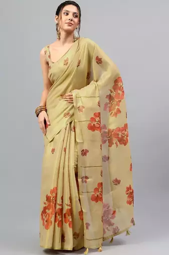 Gold tussar printed saree with blouse