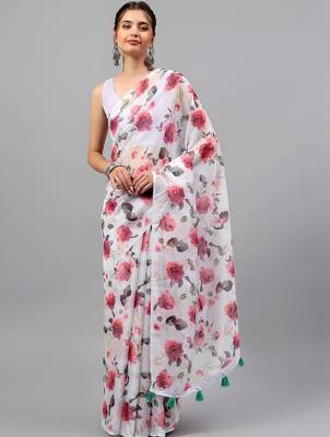 White chiffon printed saree with blouse 1