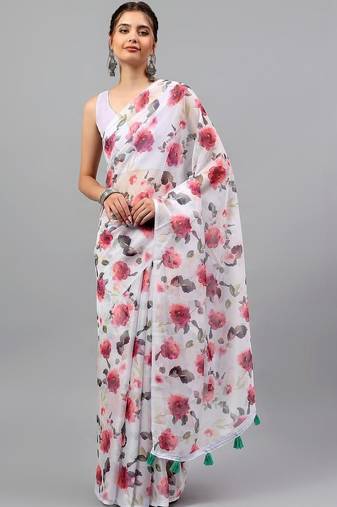 White chiffon printed saree with blouse